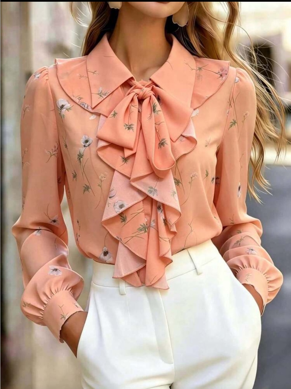 Elegant Orange Floral Ruffle Tie Neck Button Down Up Shirt Top Blouse
